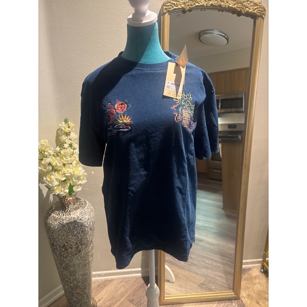 Scotch & Soda Mens Navy Blue Embroidered The Free Spirit Organic Cotton T-Shirt